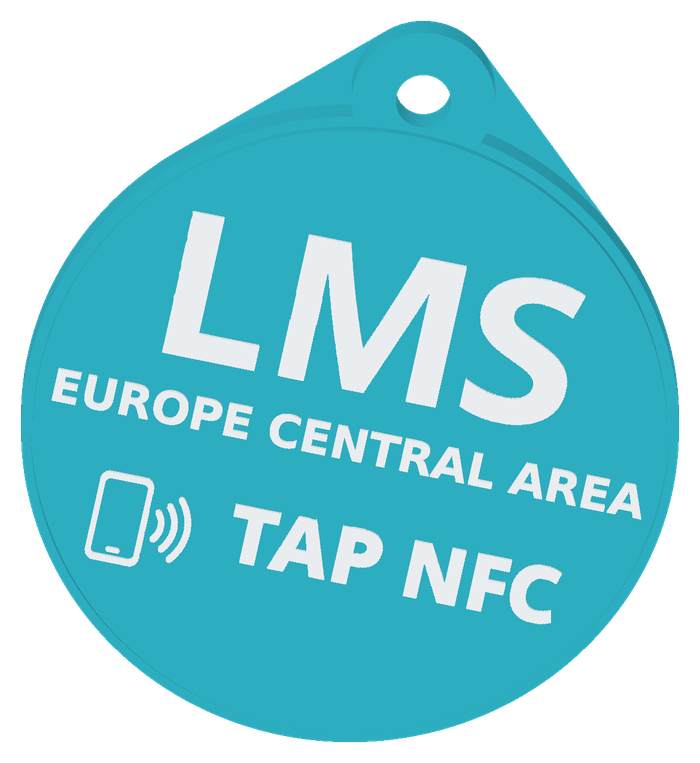 Visualizzazione 3D del portachiavi NFC LMS, turchese con logo bianco